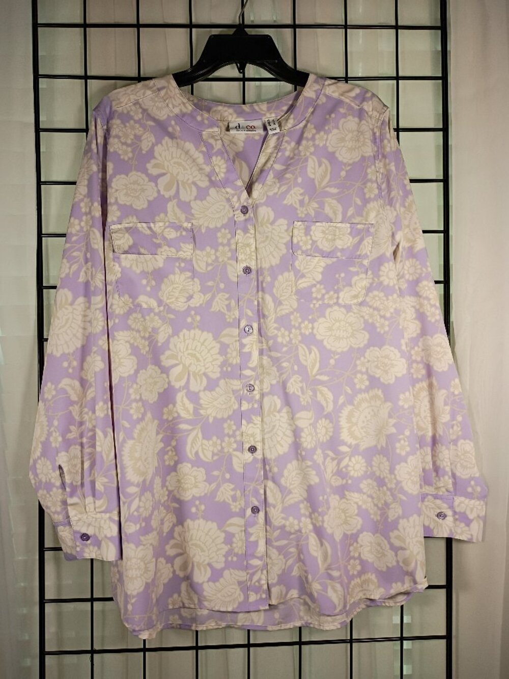 Denim & Co Lavender and Ivory Floral Print Blouse Size L